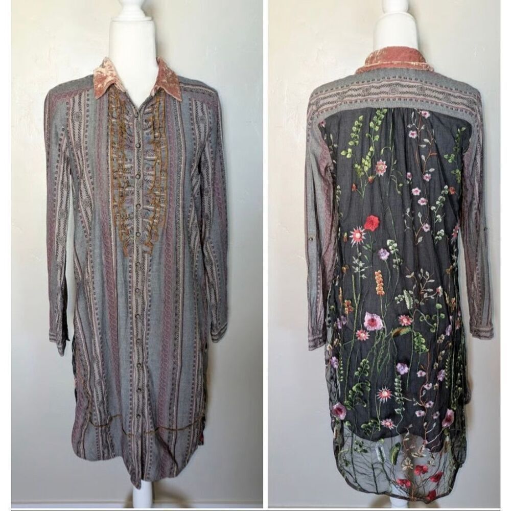 Ariella Silent Journey Design Handmade Longline Button Front Tunic Dress Embroid